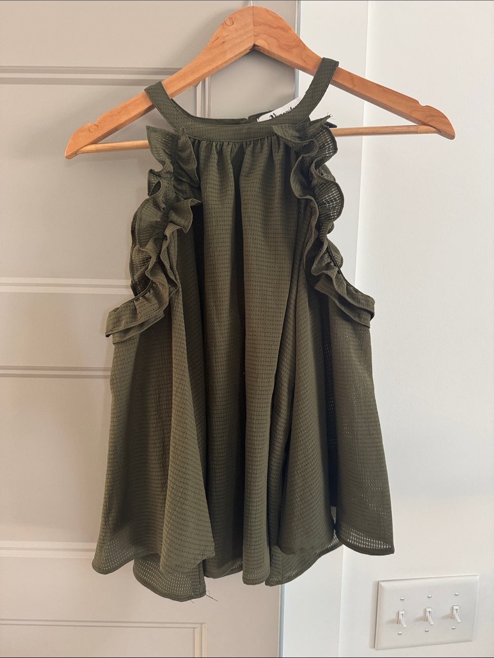 Women’a Olive Green Ruffled open shoulder with sleeve Top